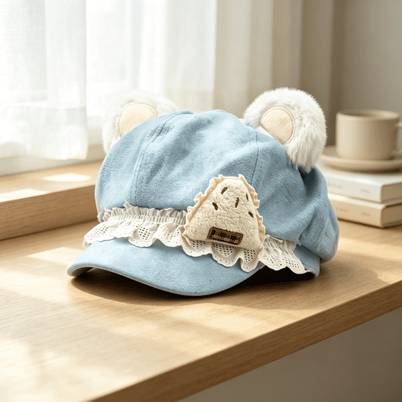 Adult Cutecore Kawaii Bear Ears Octagonal Newsboy Beret Hat, Hats for Women,Sweet Lolita Style Polyester Suede‑Like Cap,Lace Ruffle & 3D Food Ornament,2000S Clothes Accessories-Blue