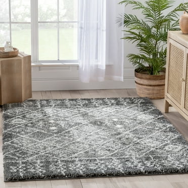 Well Woven Brega 3'11" x 5'3" Grey Geometric Diamond Thick Shag Area Rug