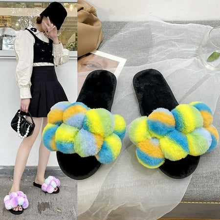 

FITORON Womens Fuzzy Slippers- Fashion Ladies Rainbow Plush Slippers Home Ladies Flip Flops Cotton Slippers Shoes Slippers Yellow 39