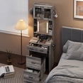 thumbnail image 3 of Spaco Vanity Desk with Sliding Mirror and LED Lights, Makeup Table with Charging Station and Storage Shelves, Compact Mini Corner Vanity Set with Hidden Storage Stool for Small Space, Gray, 3 of 15