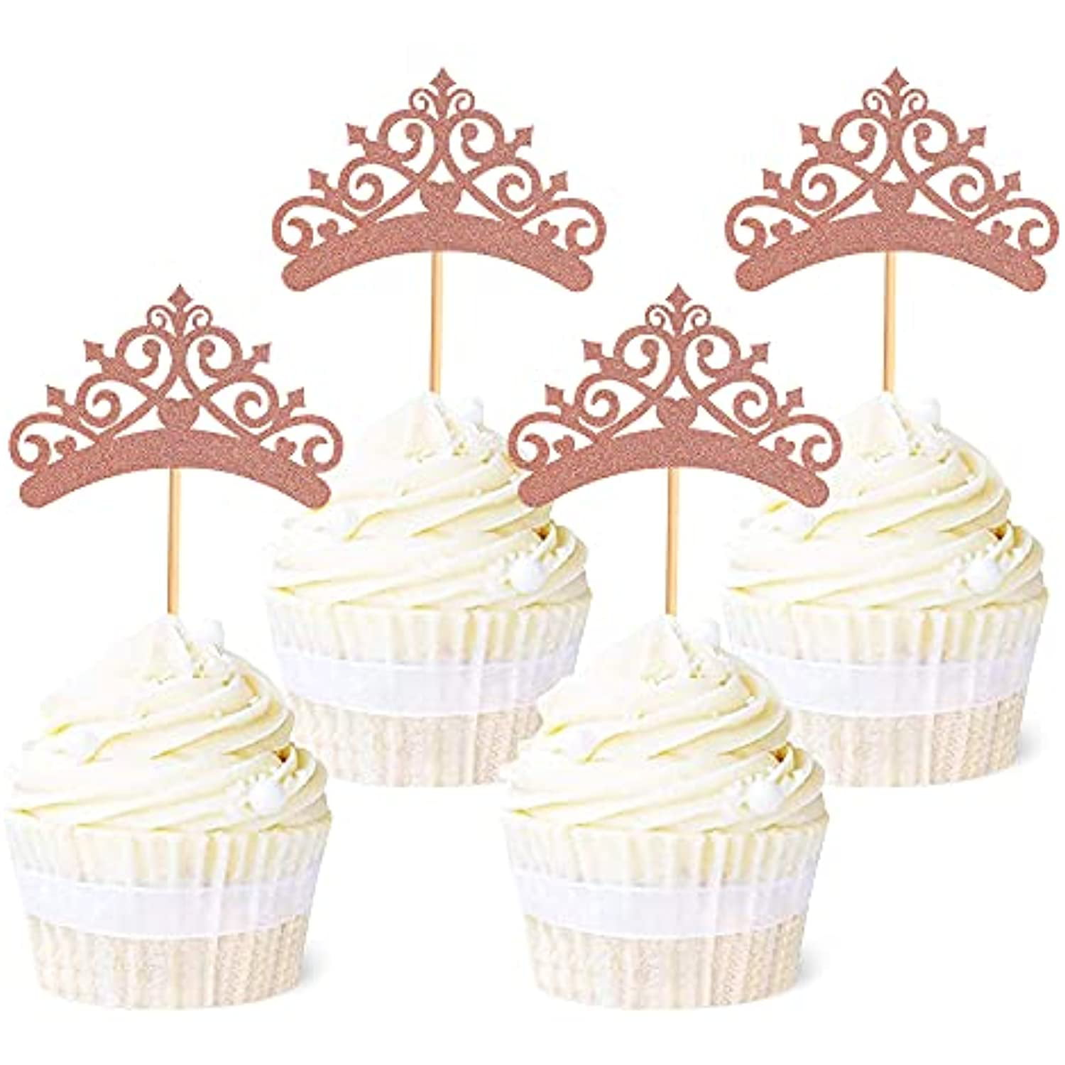 Gold Glitter Princess Crown Tiara Cake Cupcake Toppers Picks for Wedding Birthday Baby Shower Kids Party Decorations 24 PCS 