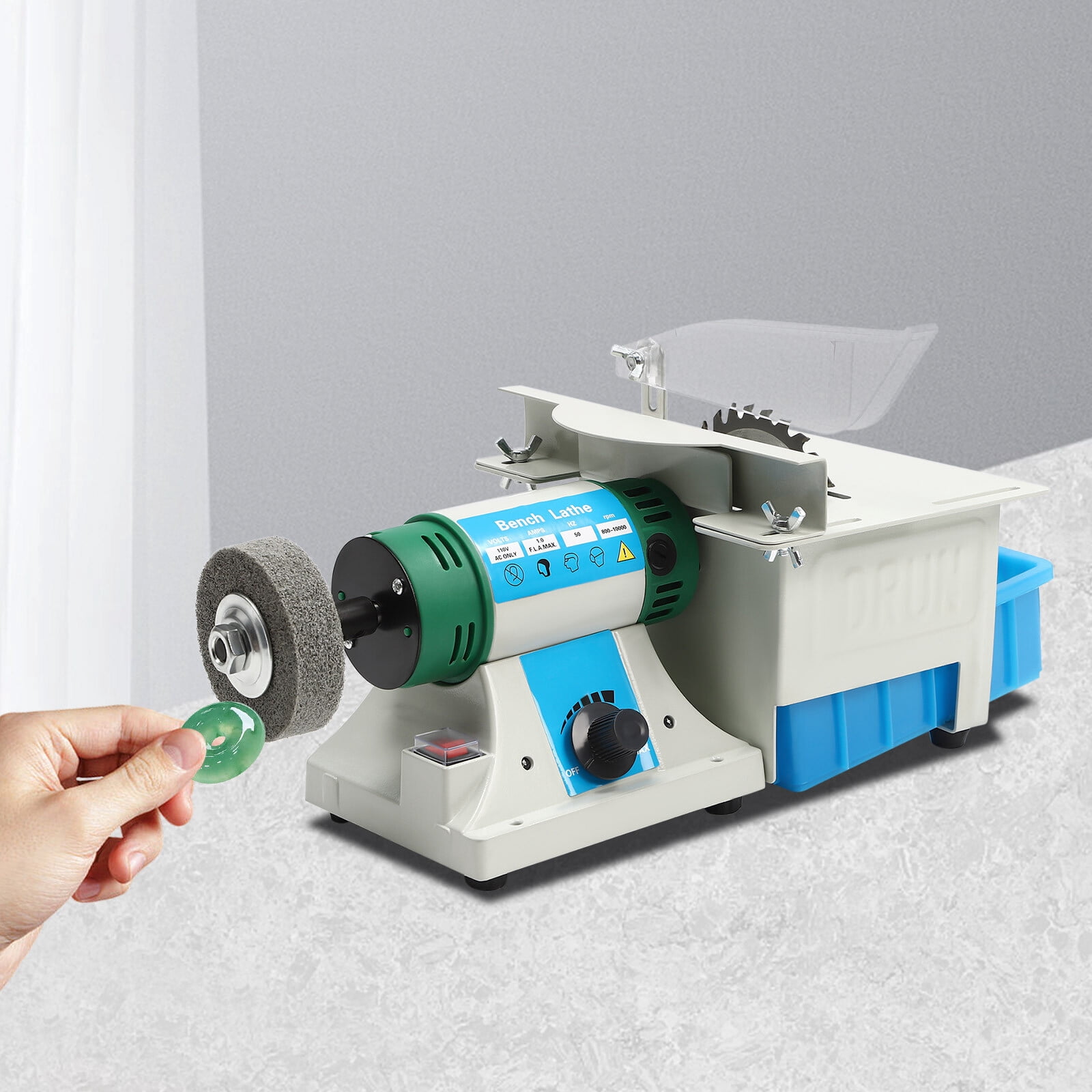 Table Saw, 750W Mini Multi-Purpose Bench Grinder and Polisher, 5-in-1 Desktop Machine for Wood Jade Metal Cutting Polishing Engraving
