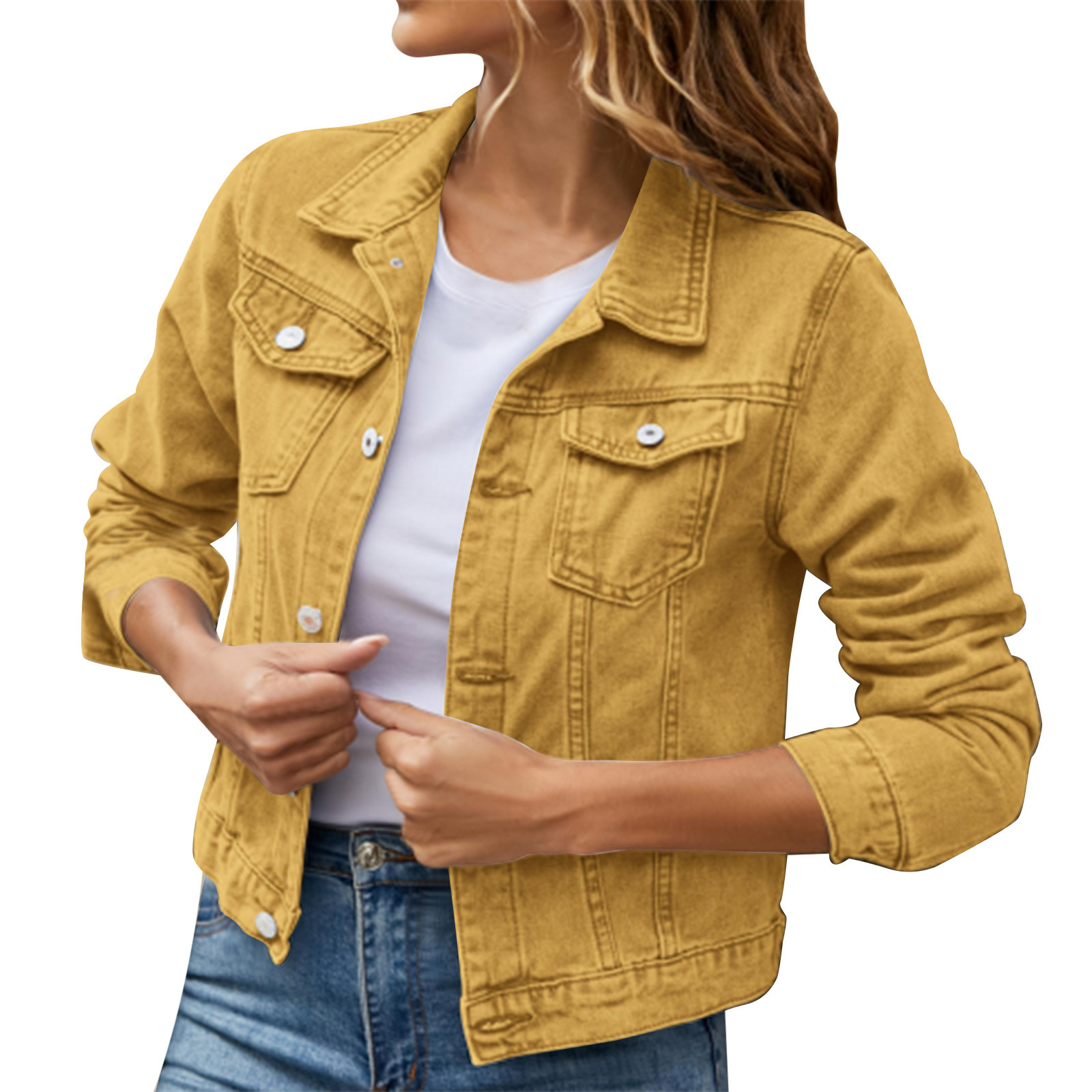 iOPQO womens sweaters Women's Basic Solid Color Button Down Denim Cotton Jacket With Pockets Denim Jacket Coat Women's Denim Jackets Yellow XXL - image 1 of 8