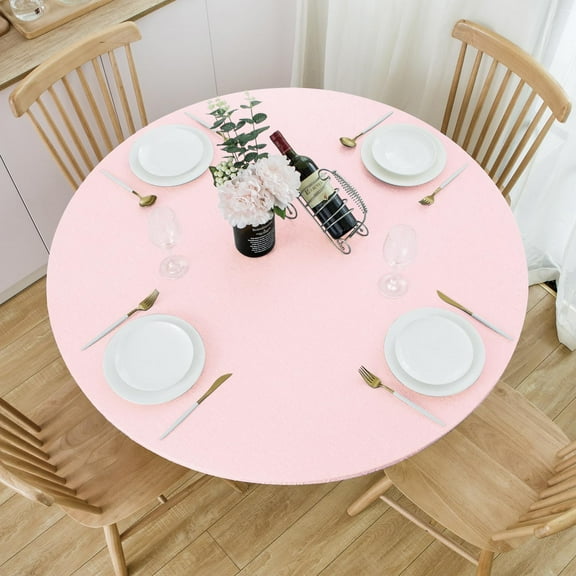 Light Pink Round Fitted Vinyl Tablecloth with Elastic Edge 100% Waterproof Oil Proof PVC Table Cloth Wipe Clean Table Cover for Indoor and Outdoor, 45"- 52"