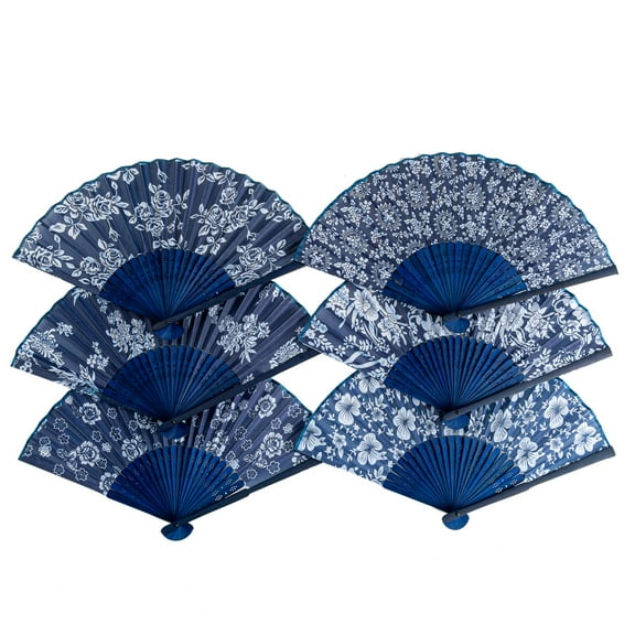 Thy Collectibles Pack of 6 Handheld Paper and Bamboo Folding Fans for Wedding Party, Church, Festivals, Home - Blue with White Flowers