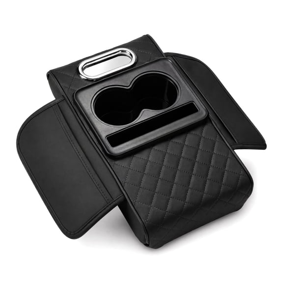 JKXTDKS 5 in 1 Leather Console Armrest Cover, Black Built in Cup Holder, Tissue Slot, Phone Holder & 2 Storage Pockets, Practical Car Accessories Fit SUV Sedan Truck