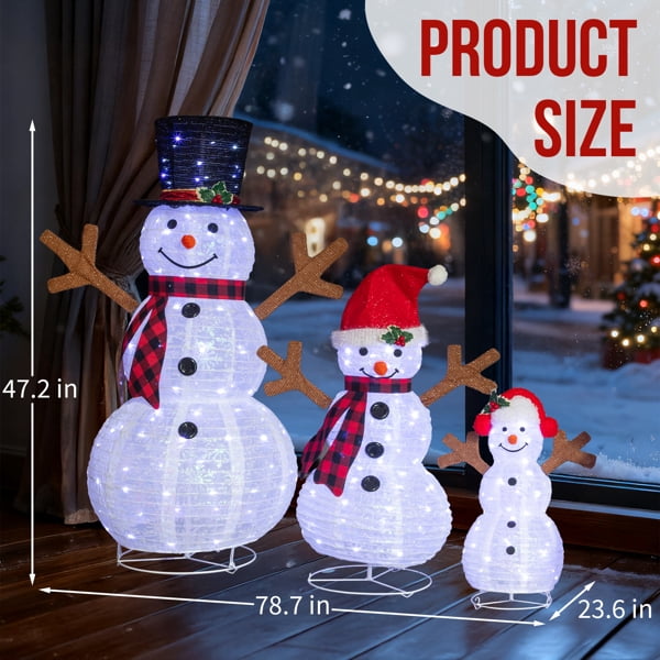 3-Pack Lighted Snowman Family Christmas Decorations, 270 White LEDs, Weather-Resistant Metal Frame, for Indoor, Outdoor Use