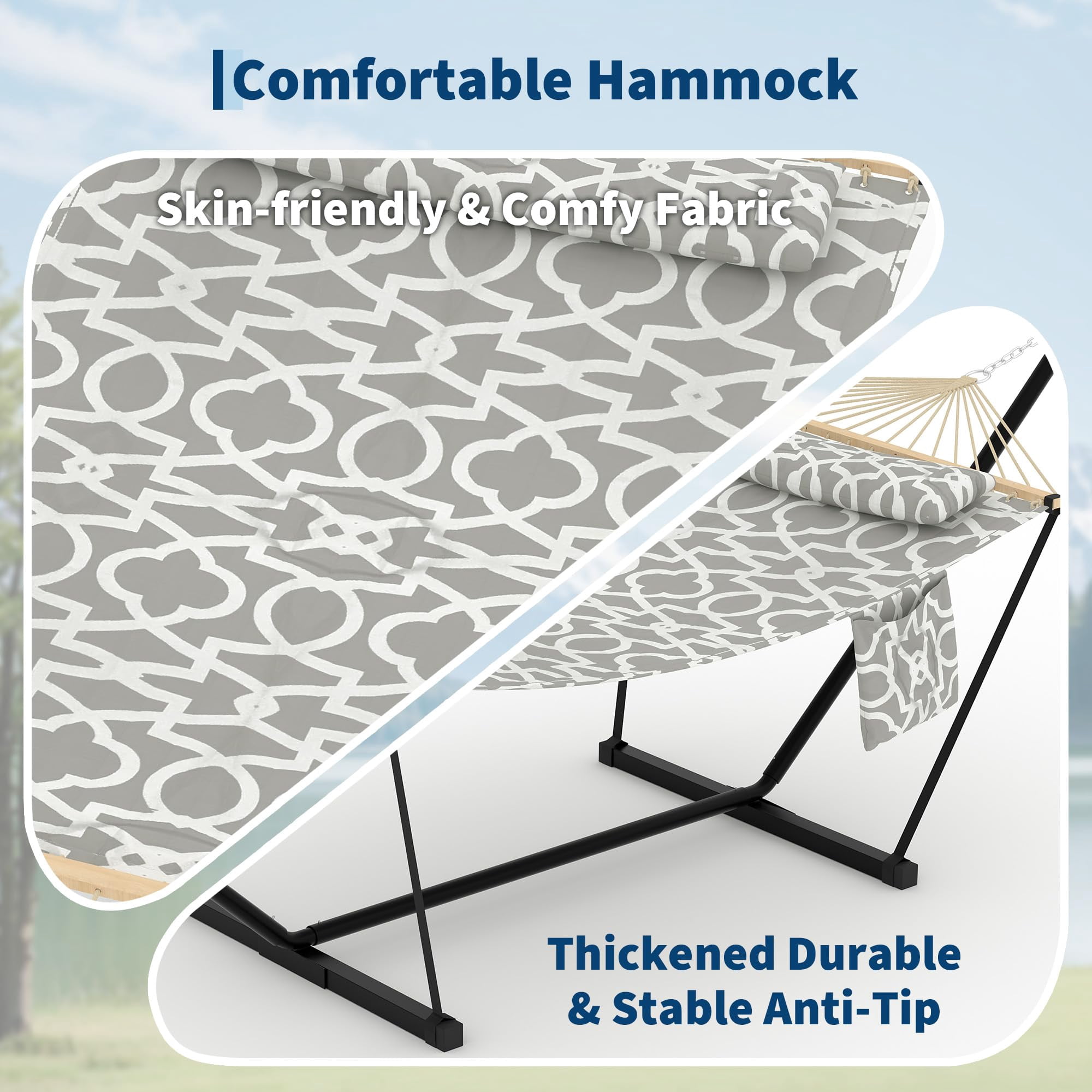 Double Hammock with Stand – Heavy Duty Portable 2-Person Hammock, Adjustable Steel Stand – for Outdoor, Patio, Garden, Beach, Backyard
