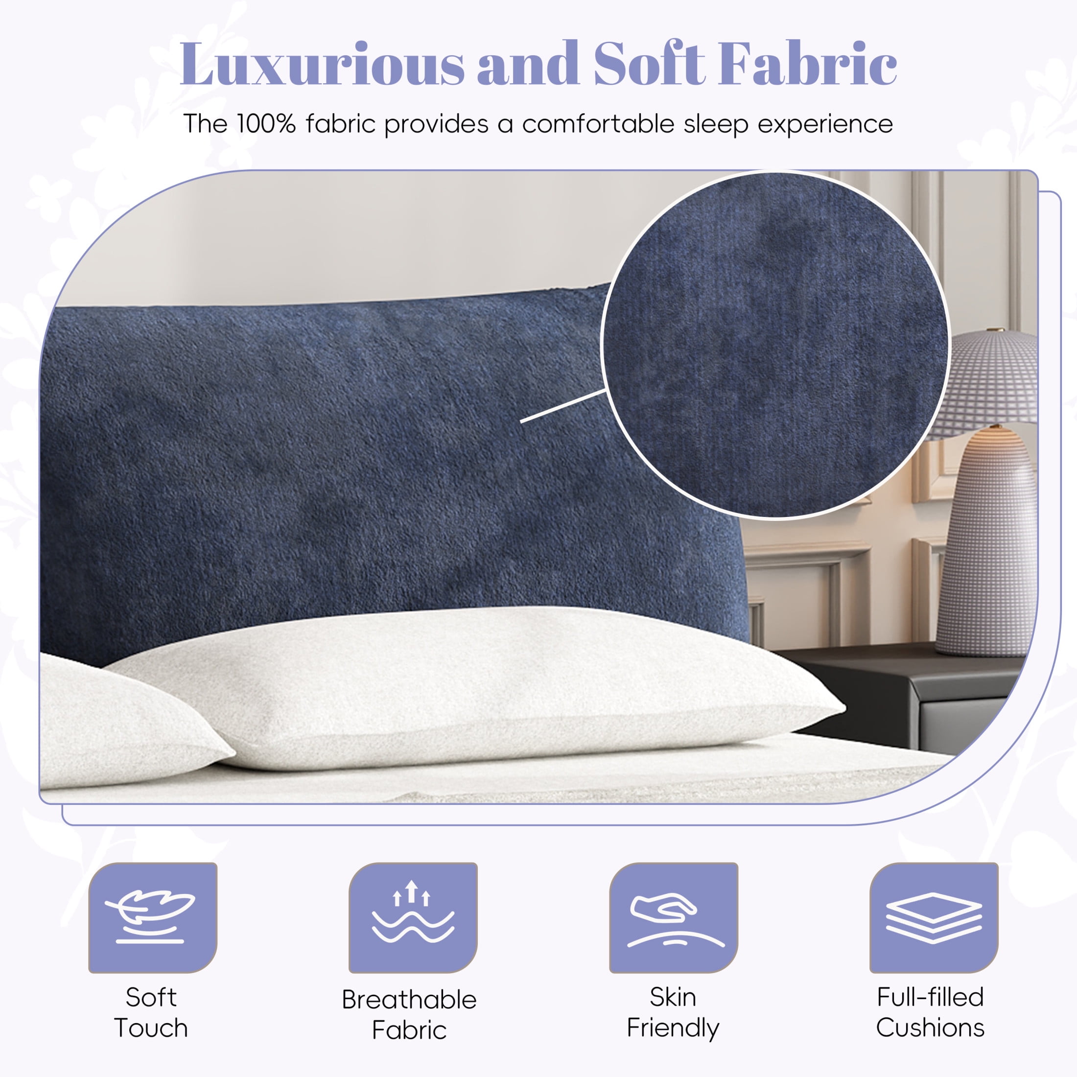 Christopher Knight Home Minimalist Upholstered King Bed Frame with Adjustable Cushions, Dark Blue