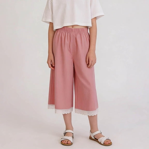 Tdoqot Girls Cropped Pants with Lace- Casual Cute Summer Elastic Waist Kids Wide Leg Pants Pink Size Toddler to Big 4-12