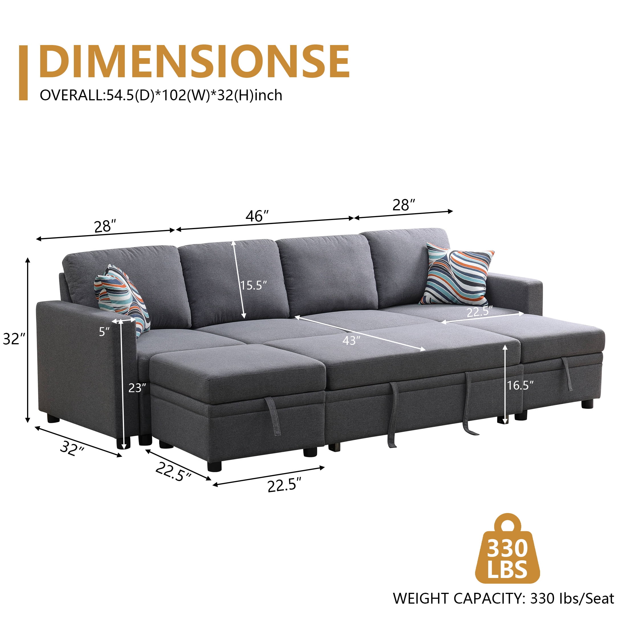 AENKYO 102" U-Shaped Sectional Sofa Bed, Linen Pull Out Sleeper Couch with Storage Seats for Living Room，Dark Gray