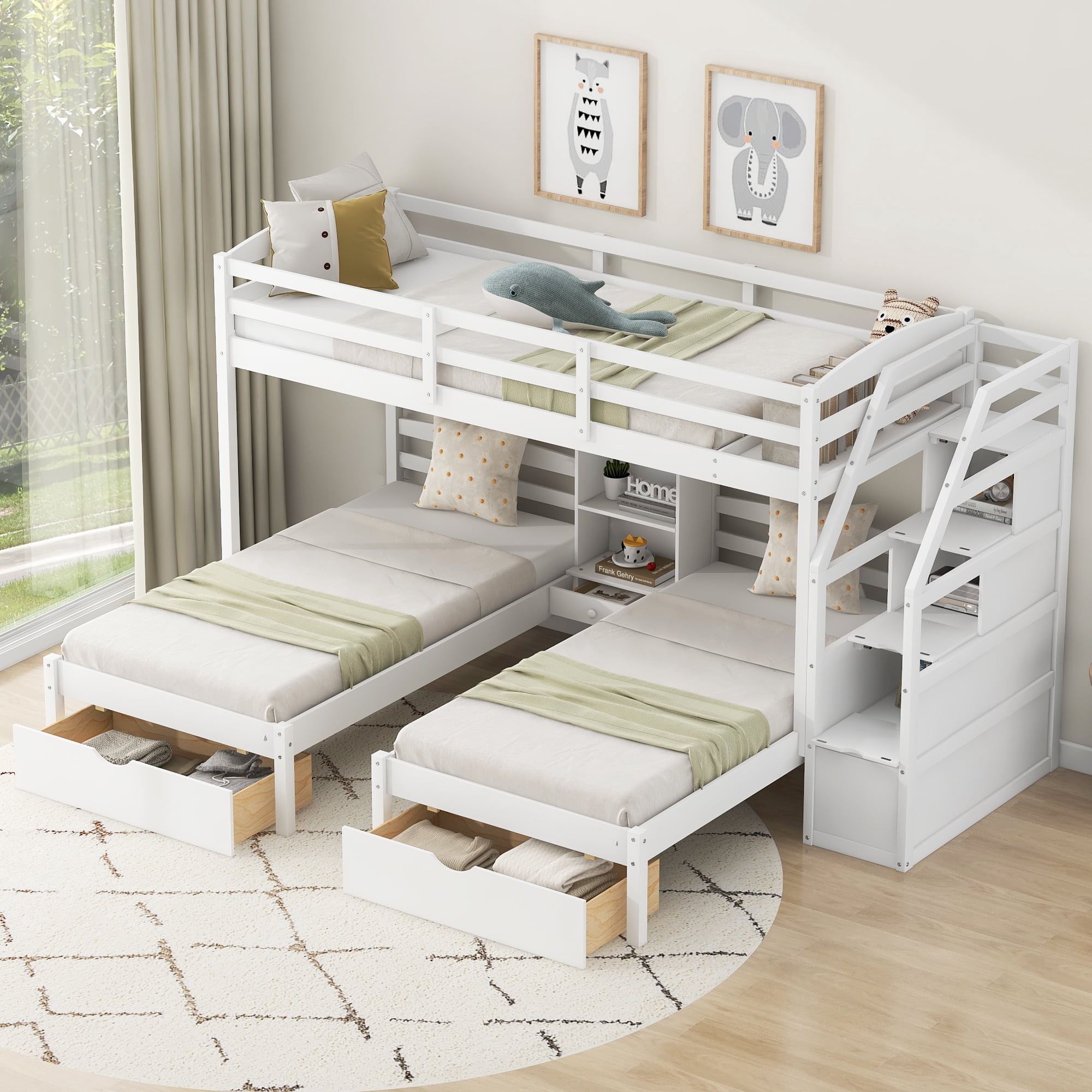 Euroco Twin over 2 Twin Bunk Bed with Staircase, 3 Beds in 1 Bunk with Drawers and Shelves, White