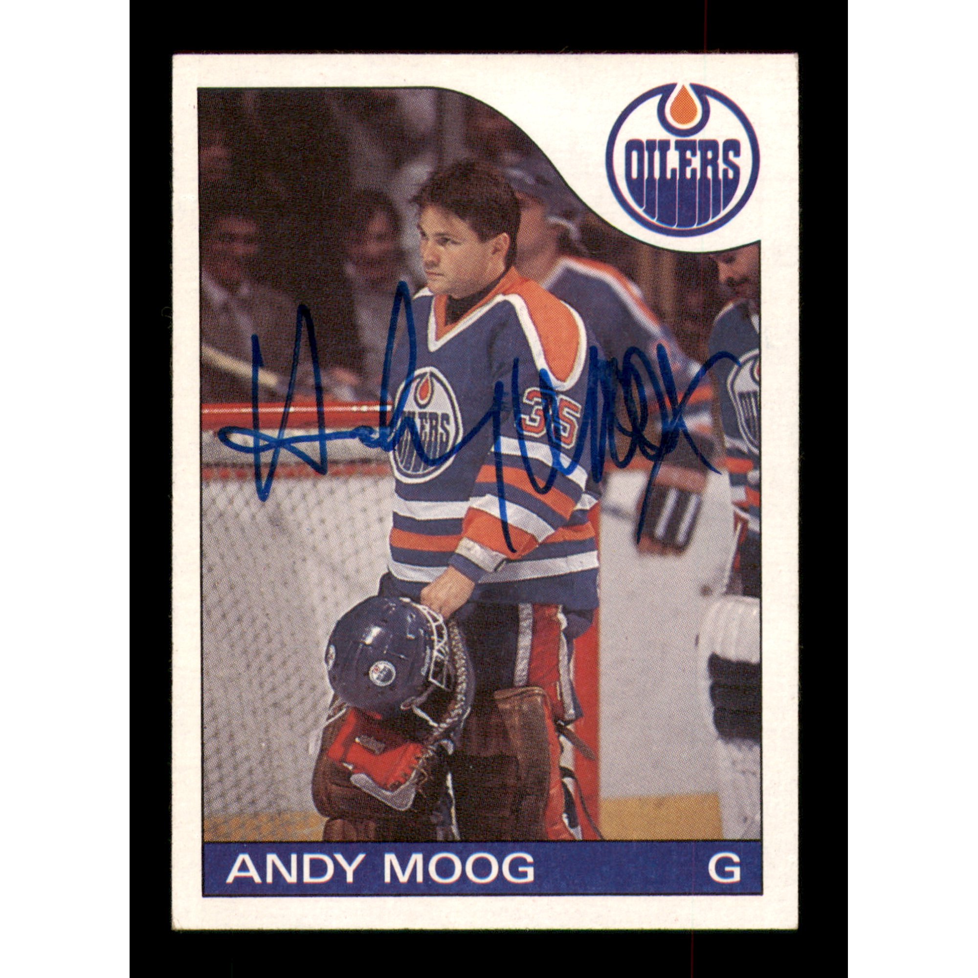 Andy Moog Autographed 1985-86 Topps Card #12 Edmonton Oilers SKU #251111