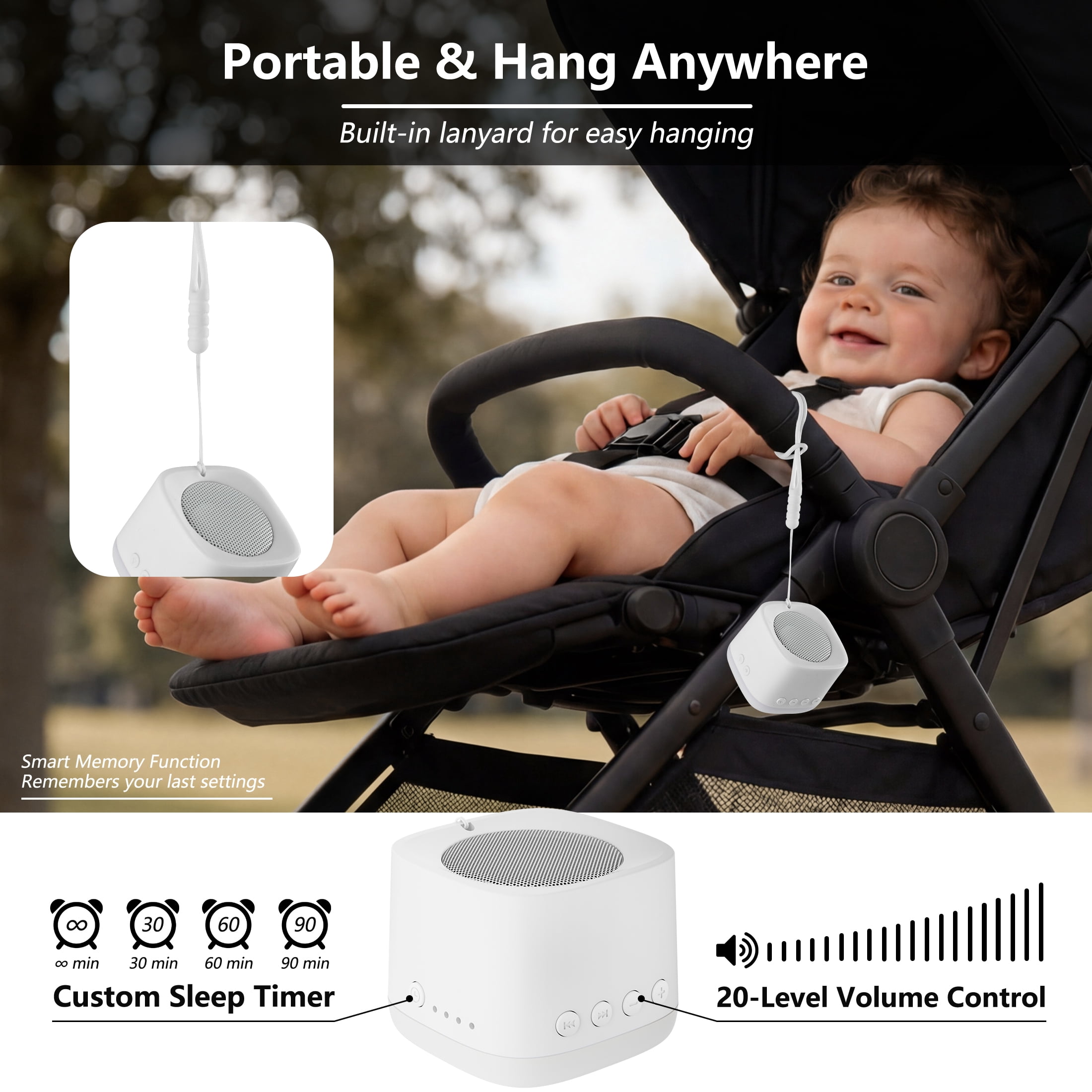 White Noise Machine for Baby & Family, 20 Non-Looping Soothing Sounds, Memory Function, Adjustable Volume, AC/USB Powered with Sleep Timer (White)