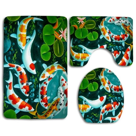 CHAPLLE Cute Koi and Beauty Lotus 3 Piece Bathroom Rugs Set Bath Rug Contour Mat and Toilet Lid Cover