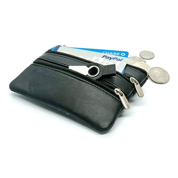 Black Genuine Leather Men's Coin Purse Change Card Holder Front Pocket Keychain