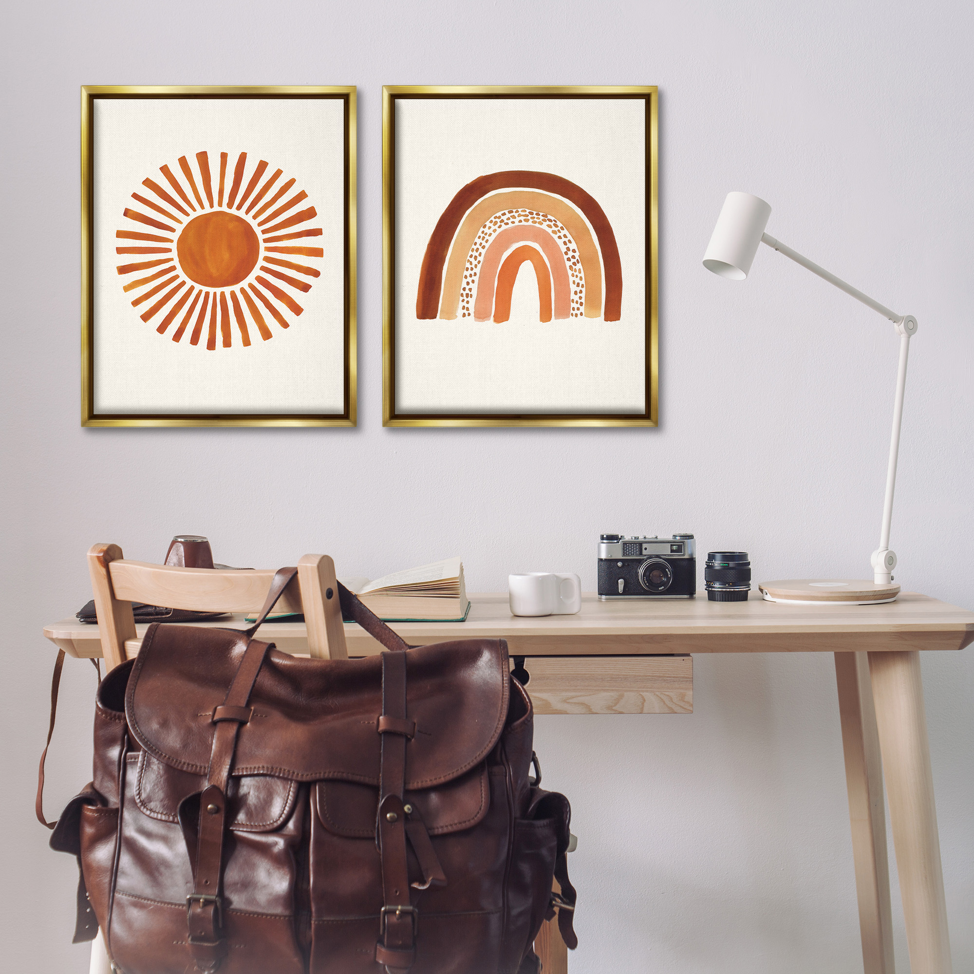 Stupell Industries Orange Sun Patterned Rainbow Boho Landscape Painting Gold Floater Framed Canvas Art Print Wall Art, 25 x 31, Set of 2