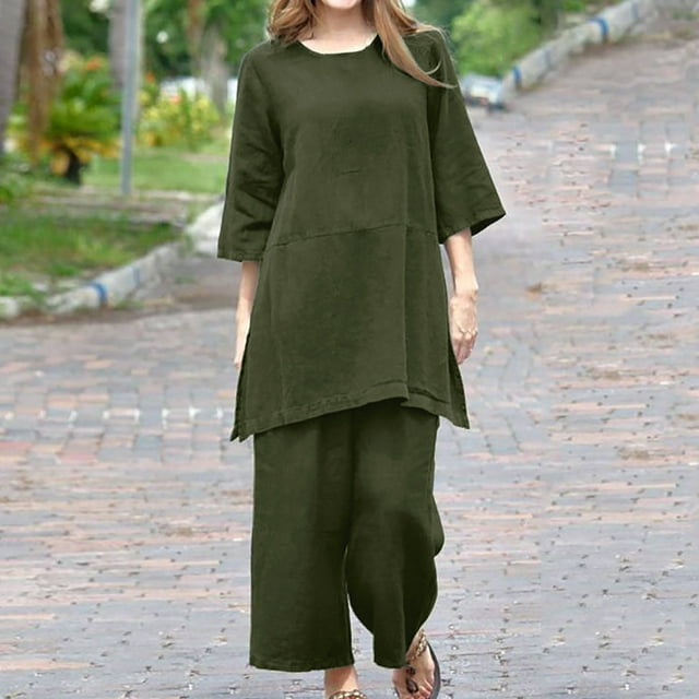 TIMIFIS Ensembles en Coton et Lin pour Femmes 2 Pcs Tenues d'Été Décontractées Manches Courtes Col Rond avec Pantalon à Jambe Grand Survêtements - Printemps/été
