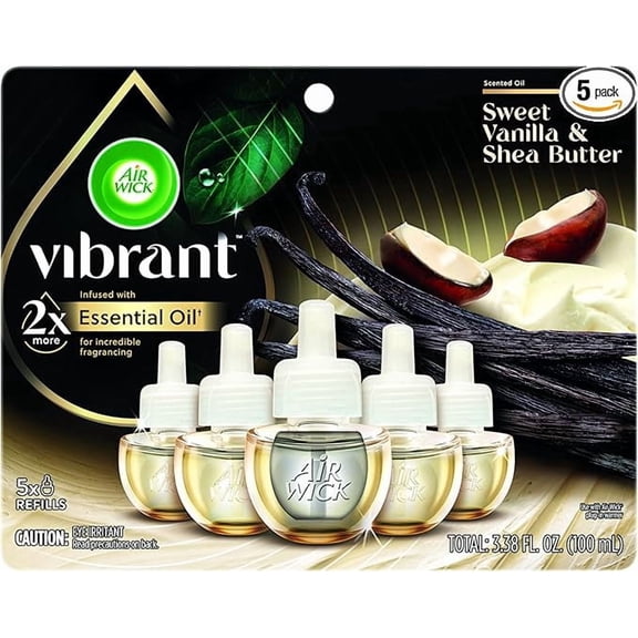 Air Wick Vibrant Plug In Scented Oil Refill, Infused with Essential Oils, Plug In Air Fresheners for Home, Sweet Vanilla & Shea Butter, 5 ct (New Pack)