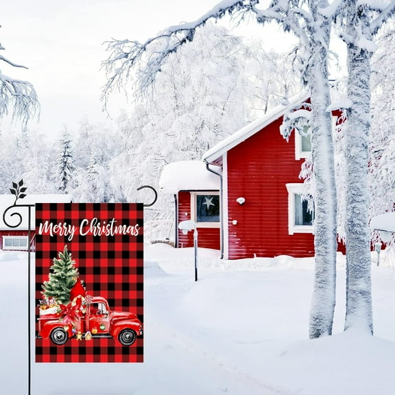 Mizhona Farmhouse Christmas Garden Flag Xmas Tree Rustic Red Truck Buffalo Plaid Double Sided for Outside Yard Welcome Decoration 12"X18"