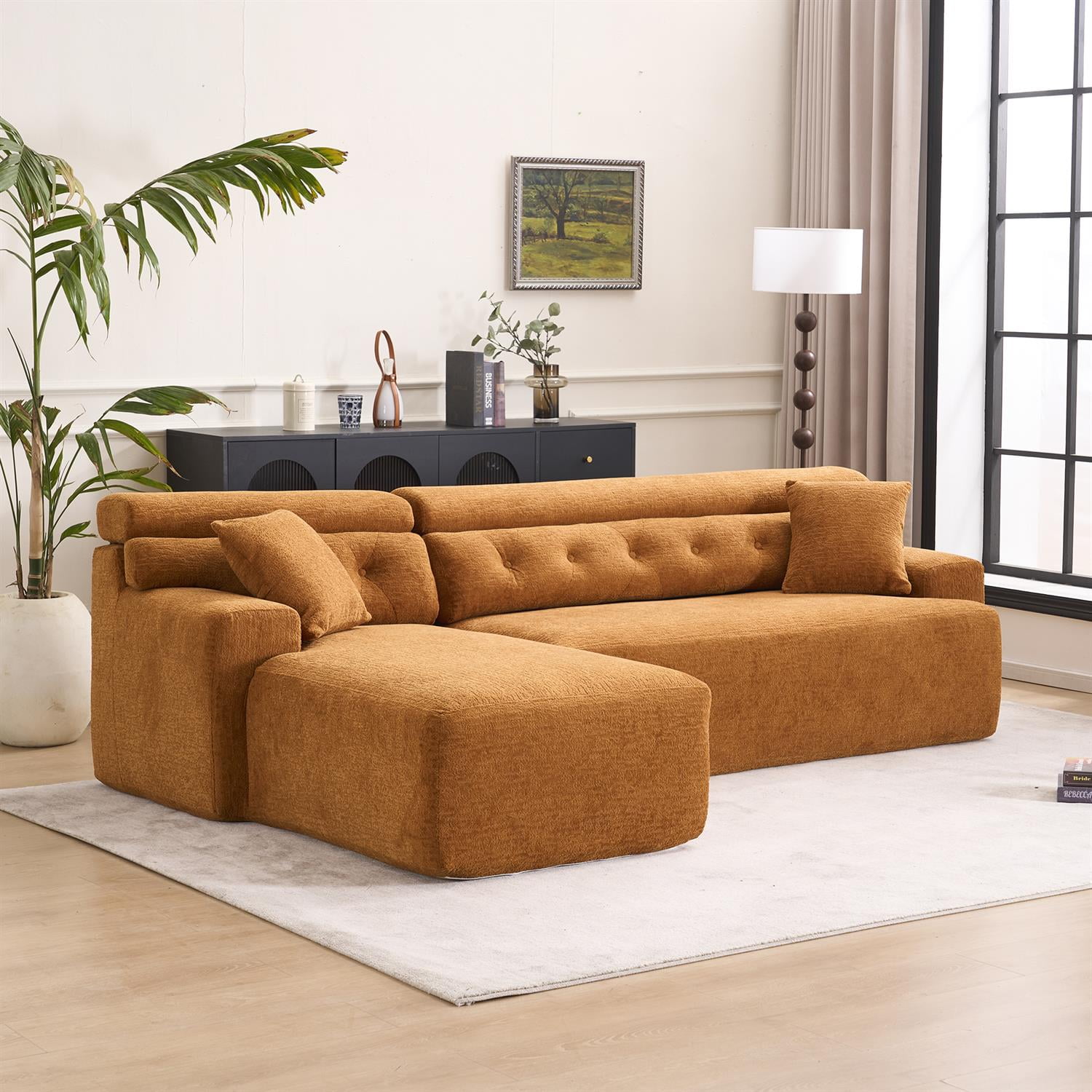 Demi Bonn 105" Modern L-Shaped Sectional Sofa, 3-Seater Couch with Chaise Lounge, 2 Accent Pillows, Wood Grain Chenille Fabric for Living Rooms, Orange