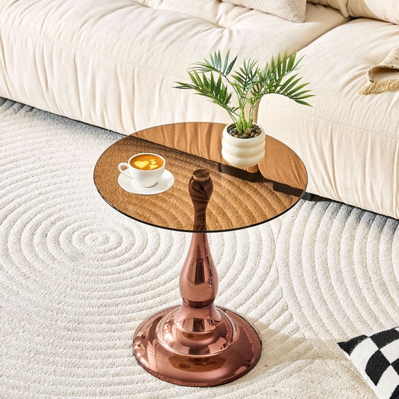 CQSXDA Modern 19.6 Inch Small Metal Side Table With Round-Edge Design and Glass Top For Living Room And Bedroom Use, Brown, Rose Gold