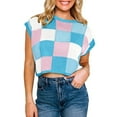 thumbnail image 5 of Tank Tops for Women Color Block Plaid Knitted Round Neck Short Sleeve Tops, 5 of 6
