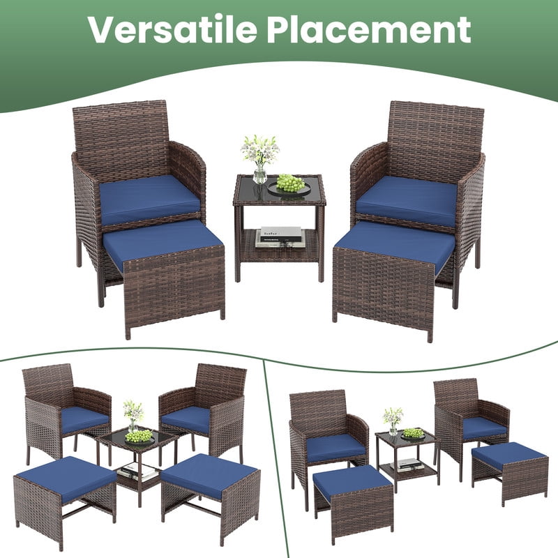 ELPOSUN 5 Piece Patio Furniture Set, Outdoor Conversation Wicker Chairs for Two with Ottoman Underneath,Brown Rattan,Navy