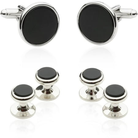 - Cuff-Daddy Tuxedo Cuff Links and Studs - Black Onyx with Silver Tone – 5/8” Cuff Links, 3/8” Studs – 1 Pair Links
