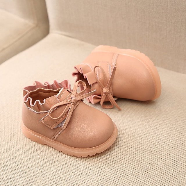 Zapatos de cuero sintético para niñas, suela suave, elegantes, a la moda, decoración con lazo, zapatos para caminar para bebés, rosa, 5,1 pulgadas, 18