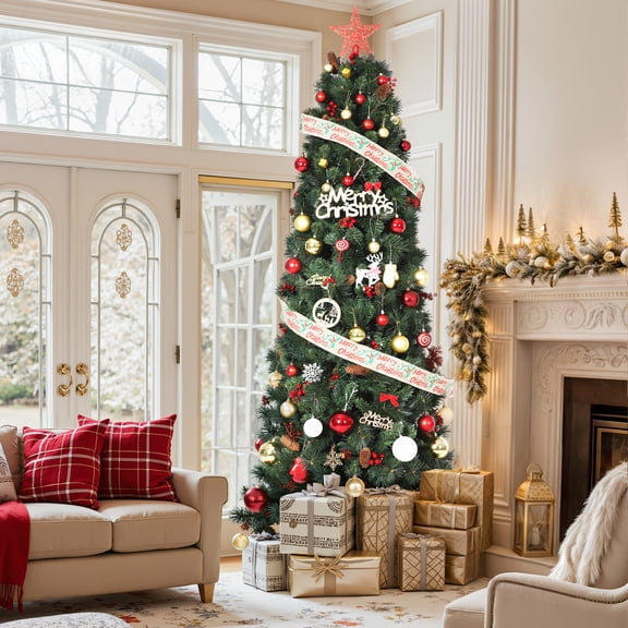 7ft Prelit Artificial Christmas Tree with 200 Warm White LEDs, 738 Realistic branch-es with Pine Cones & Berries, Easy Assemble Fake Xmas Tree with Metal Stand for Home Office Party Decor