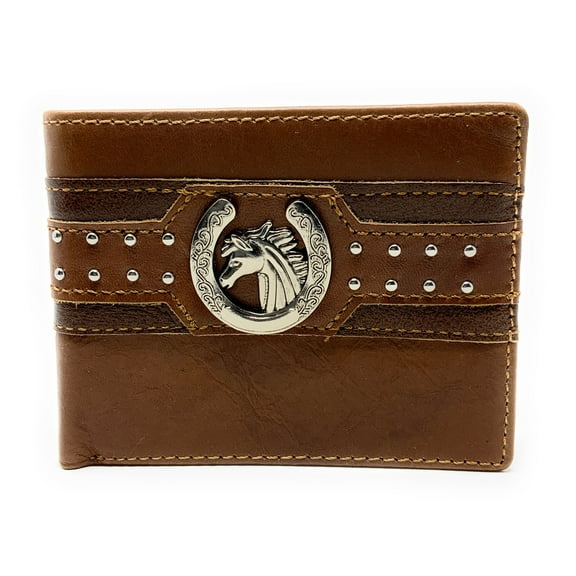 Western Genuine Leather Mens Metal Concho Horse Head Bifold Short Wallet in 3 colors