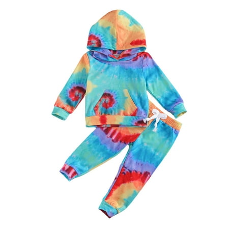 

Suanret Toddler Baby Girl Fall Winter Clothes Tie Dye Print Long Sleeve Hoodies Tops with Pants 2Pcs Tracksuit Blue 4-5 Years