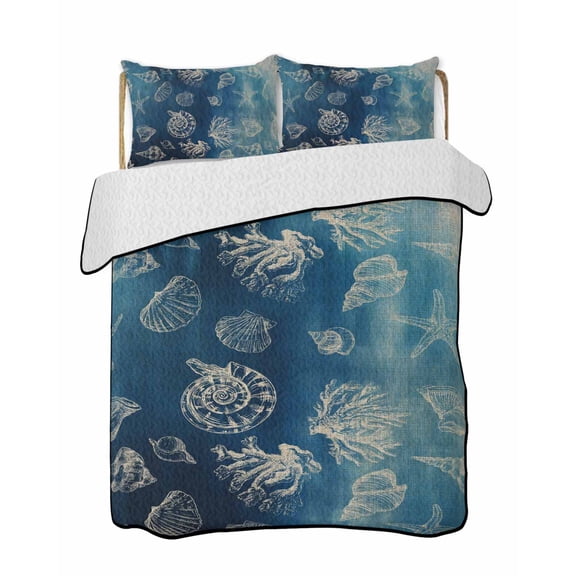 Quilts Full Size Bedding Set, Nautical Coastal Lightweight Quilted Comforter, Retro Ocean Starfish Coral Conch Ombre Blue Soft Bedspread Coverlet with Pillow Covers for All Season, 78" x 90"