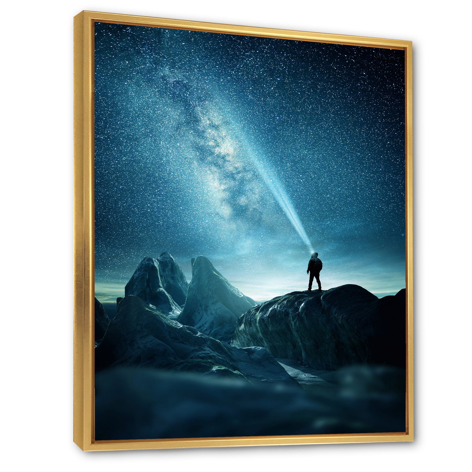 Designart 'A Light Shining by A Man Shining Into The Night Sky' Modern Framed Canvas Wall Art Print