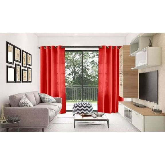 2 PANEL MIRA  SOLID RED SEMI SHEER WINDOW FAUX SILK ANTIQUE BRONZE GROMMETS CURTAIN DRAPES 55 WIDE X 84" LENGTH