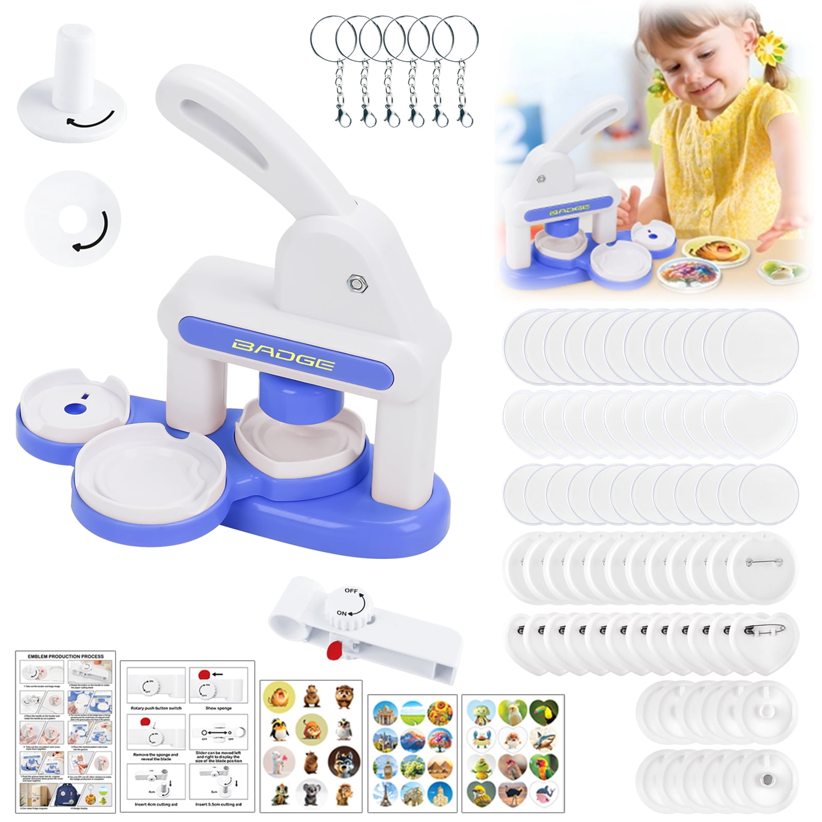 Dongyi Button Maker Machine(55mm&35mm)w/Metal Press Machine,36 Pre-Cut Paper Circles+Cutter-Create Your Own Badges-DIY Craft Kit,Blue