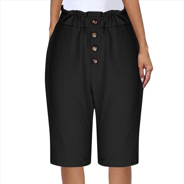Pantalones Rectos de Pierna para Mujer, con Cintura Alta Elástica Fruncida, Pantalones Deportivos Casuales, Pantalones Cortos con Bolsillos, Negro L