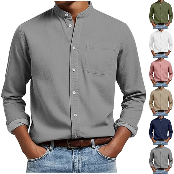 Men's Solid Color Casual Long Sleeve Stand Collar Button Down Shirt Top Modern Business Casual Office Work Travel Fashion Essential | AESTIVO,Army Green L
