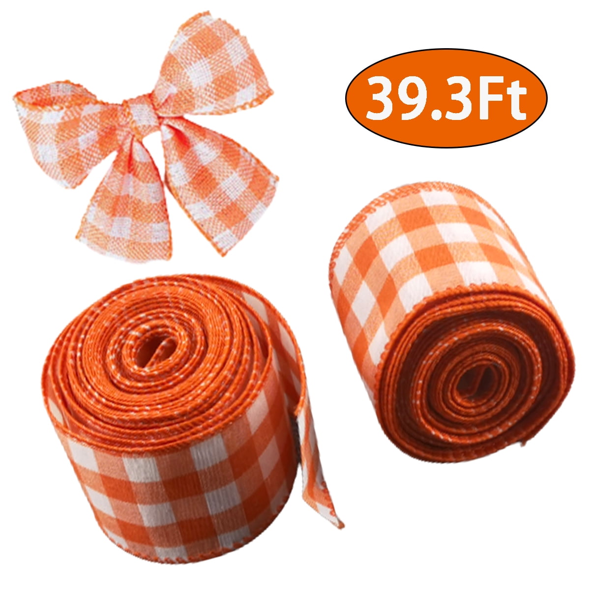 Thanksgiving Ribbons Fall Ribbons  Buffalo Plaid Orange White Gingham Wired Edge Ribbon for Halloween, Gift Wrapping, Crafts, Bow Crafts, Autumn Home Decoration 2Packs 39.3Ft