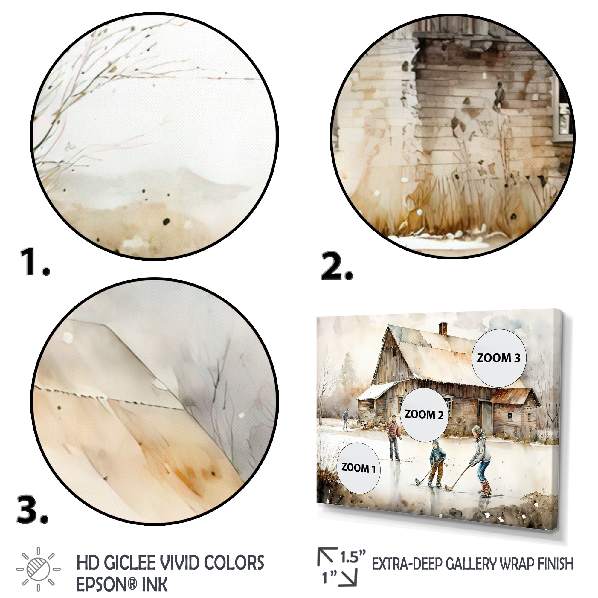 Designart Boys Playing Hockey At Cabin IV Canvas Wall Art