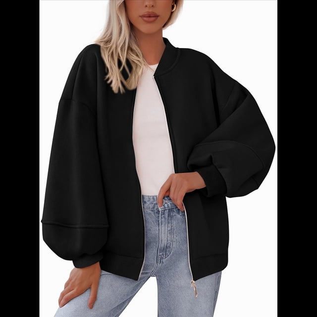 Sudaderas Oversize con Cremallera para Mujer, Moda de Otoño, Abrigos Casuales de Larga, Conjuntos de Invierno. Negro XL