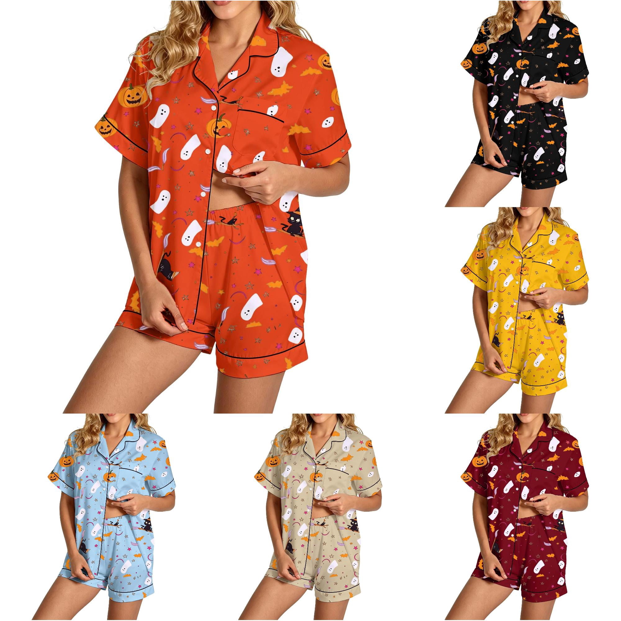 XIAOCHA Women s Loose Fit Nightwear Set Notch Collar Short Sleeve Witch Cat Pumpkin Print Halloween Pajama Set Sizes S