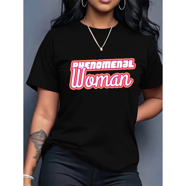 T-Shirt Graphique Femme "Femme Phénoménique", Col Rond Décontracté Manches Courtes, Tissu Polyester Extensible, 180gsm, Printemps/été/automne, Mode Fête des Pères, Fête des Mères, Nouvel An, Spri