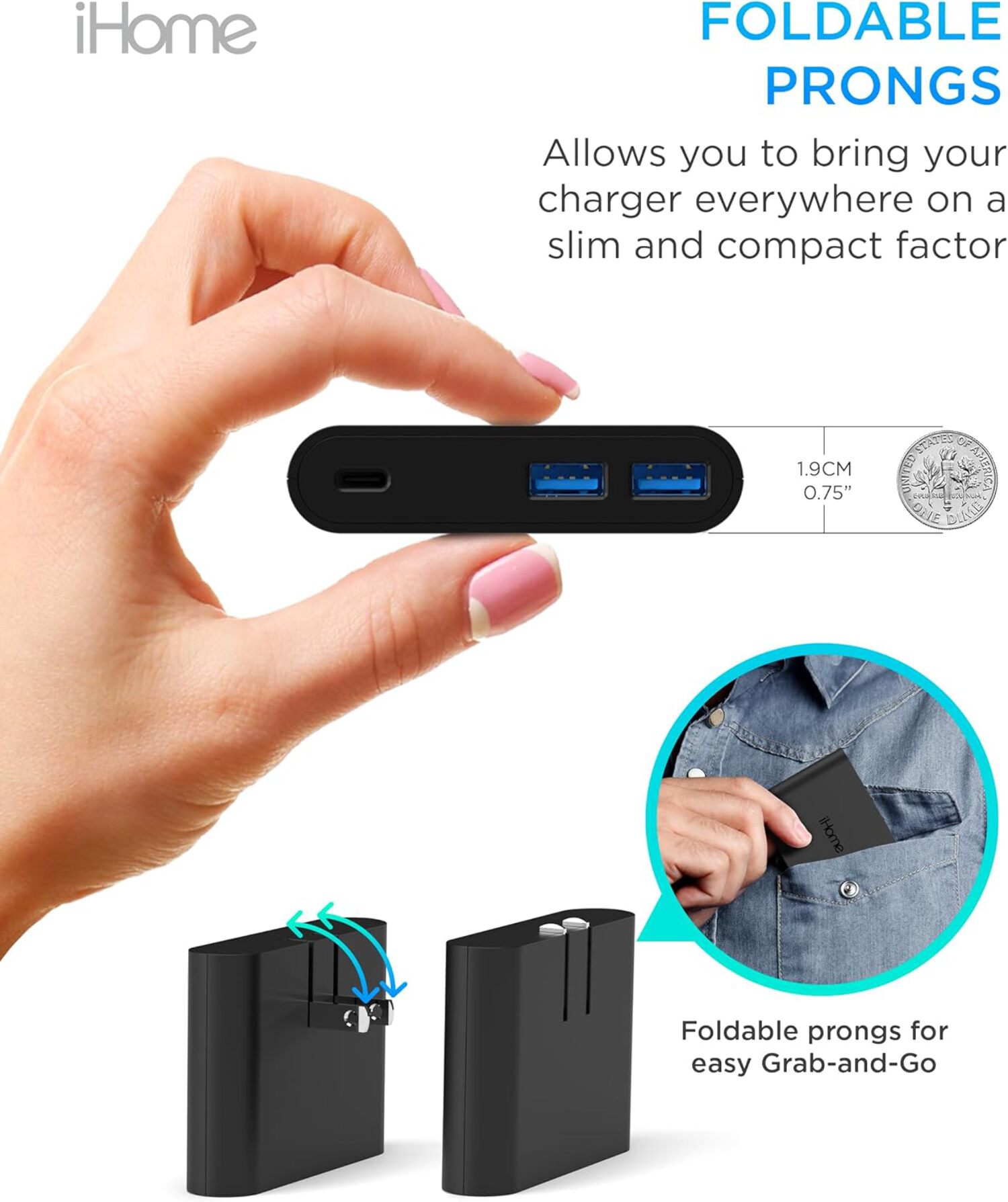 iHome 32W AC Pro Wall Charger, 3-Port (1 USB-C, 2 USB-A), Fast Charging, Universal Compatibility