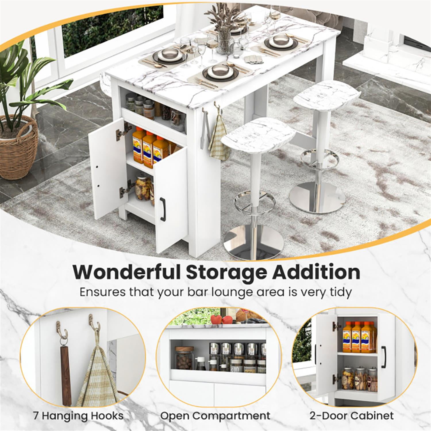 Demi Bonn 47" Faux Marble Pub Table, Modern High Top Bar Table with 7 Hanging Hooks Compartment, Perfect for Small Space, White