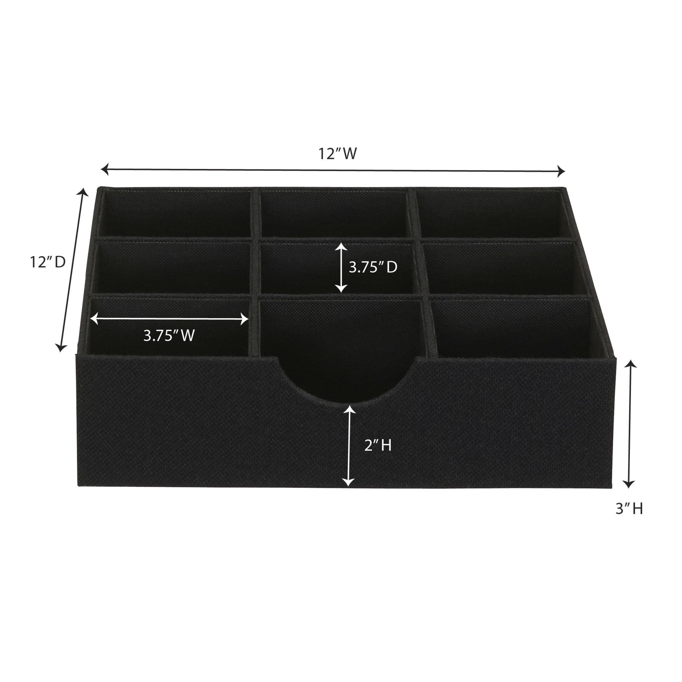 Household Essentials 9-Compartment Drawer Organizers, Pack of 2, Sturdy Chipboard With Soft Polyester Cover, Convenient and Stylish Storage Solution, 3” H x 12” W x 12” D, Black Linen