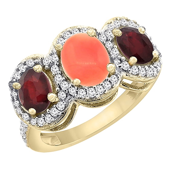 10K Yellow Gold Natural Coral & Enhanced Ruby 3-Stone Ring Oval Diamond Accent, size 9