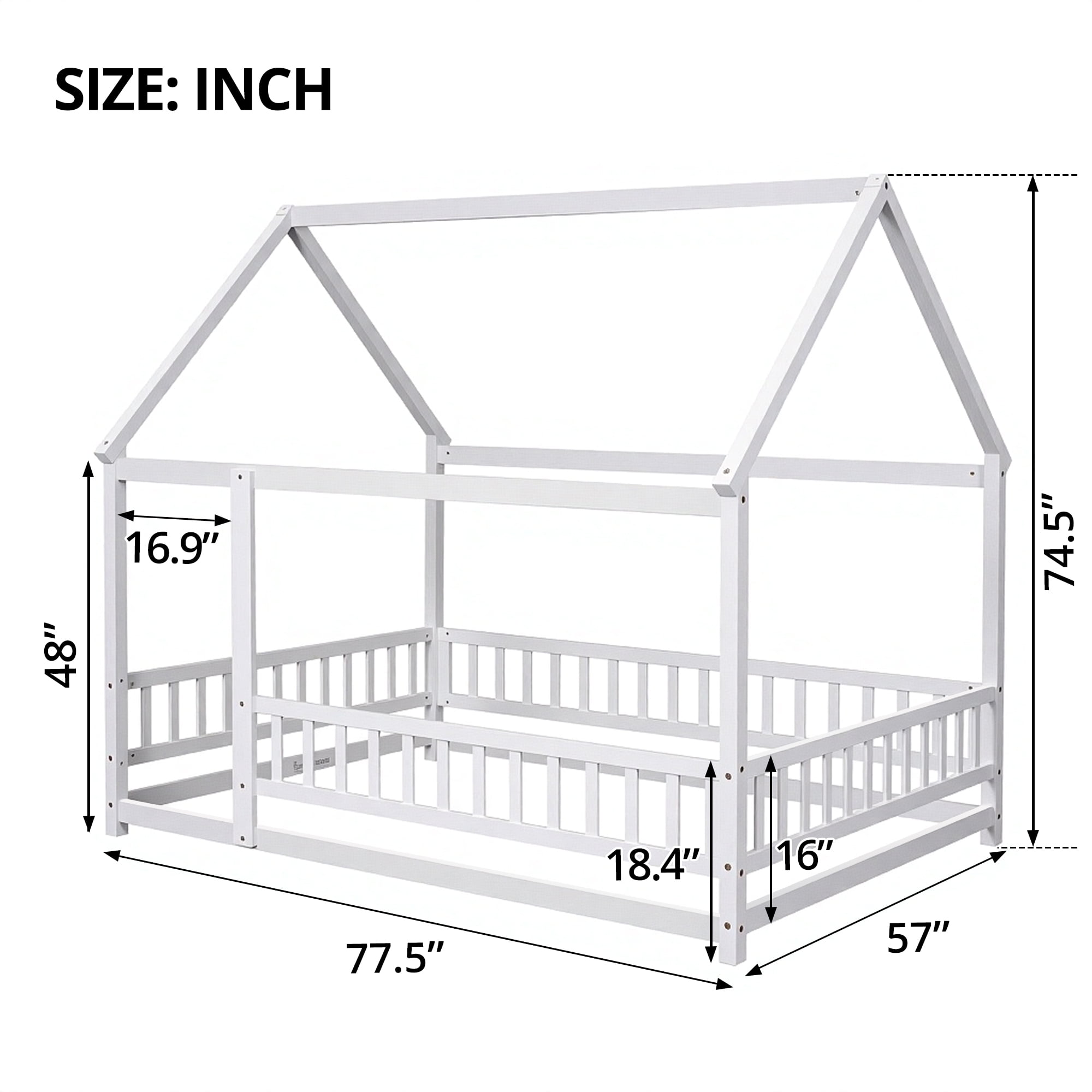 Full Size Floor Bed with Fence Guardrails for Kids, Montessori Bed Playhouse Bed with Roof, No Slats Included (White)