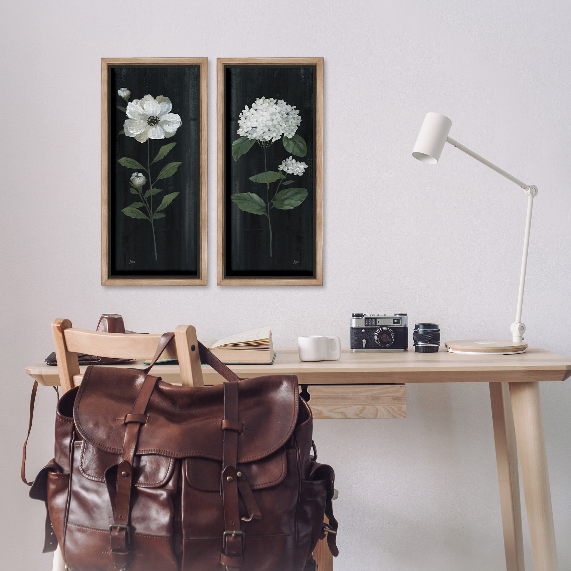 Stupell Industries Delicate White Flower Sprigs Botanical & Floral Painting Brown Floater Framed Canvas Art Print Wall Art, 11 x 25, Set of 2